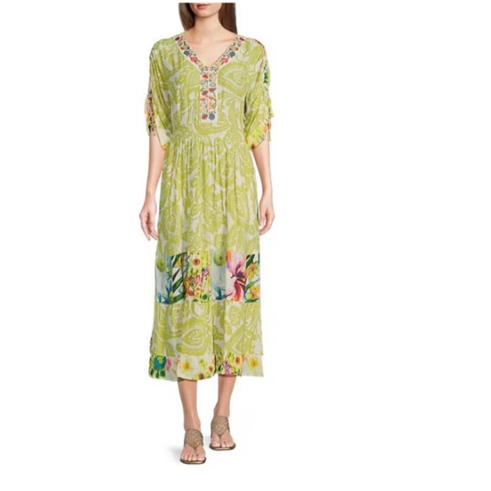 JOHN MARK GREEN PRINT EMBROIDERED NECKLINE CINCH SLEEVE DRESS  ( Sz L)